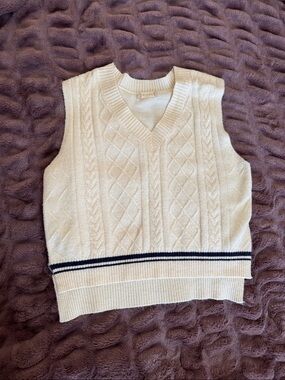 Altar'd State Cream Cable Knit V-Neck Sweater Vest with Navy Trim